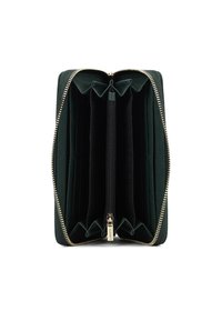 Portafoglio in tessuto verde con zip in tono oro, multiple fessure per carte e un compartimento con zip per le monete, dotato di un rivestimento interno morbido.