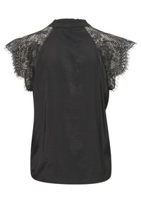 Top nero con dettagli in pizzo sulle maniche. Texture liscia con colletto arruffato. Il retro è solido con un orlo arrotondato.