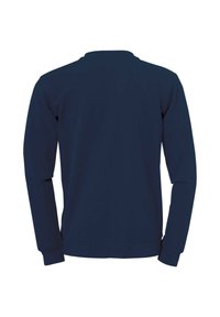 Marineblauwe sweatshirt; lange mouwen, ronde hals, zachte stof. Eenvoudig ontwerp met ribgebreide manchetten en zoom, minimale details, geen versieringen.