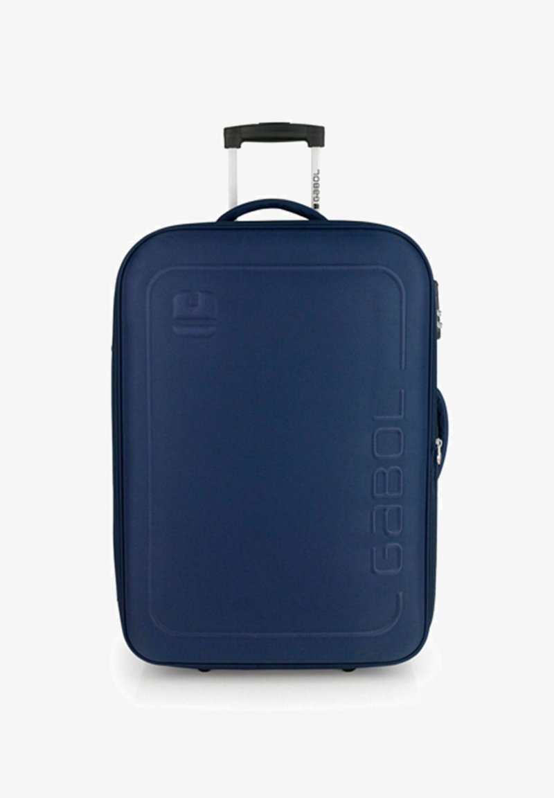 Valigia rigida di colore blu scuro. Presenta un manico retrattile, due ruote laterali e un logo in rilievo sulla parte anteriore. Chiusura con zip.