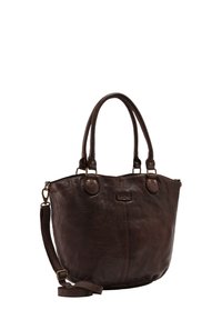 Dark brown leather handbag with double handles and a detachable shoulder strap, featuring a slightly rounded rectangular shape.