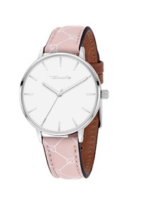 Montre argentée avec un cadran blanc, des index horaires argentés minimalistes, et un bracelet bicolore en cuir rose à motifs et en cuir marron.
