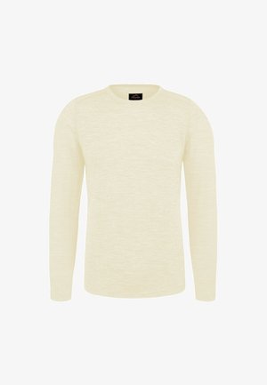 Langarm-Pullover mit Rundhalsausschnitt in Hellbeige mit dezentem meliertem Muster, präsentiert vor weißem Hintergrund.