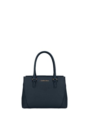 Borsa in pelle nera con due manici, nome del marchio dorato "Gian Marco Venturi," e motivo traforato a forma di cuore sul davanti.