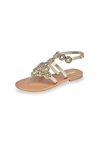 Infradito con perline caratterizzati da un design di gemme multicolori su una strap in pelle beige, con una suola piatta color tan. La chiusura prevede una fibbia regolabile.