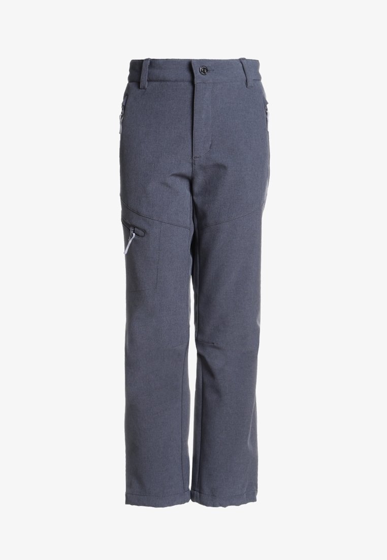 Pantaloni in tessuto grigio con taglio dritto, dotati di tasche laterali con cerniere e chiusura con bottone, realizzati in materiale testurizzato.