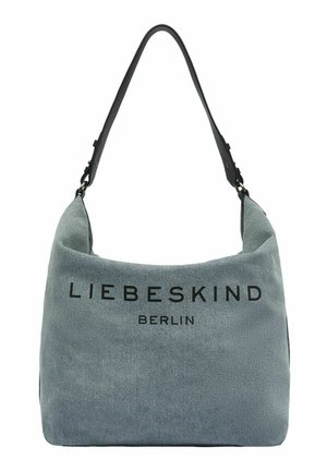 Borsa a tracolla in tessuto grigio con tracolla nera regolabile e "Liebeskind Berlin" stampato in nero al centro davanti.