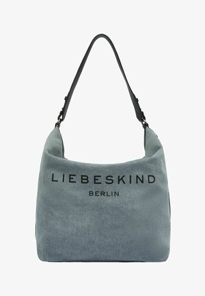 Borsa a tracolla in tessuto grigio con tracolla nera regolabile e "Liebeskind Berlin" stampato in nero al centro davanti.