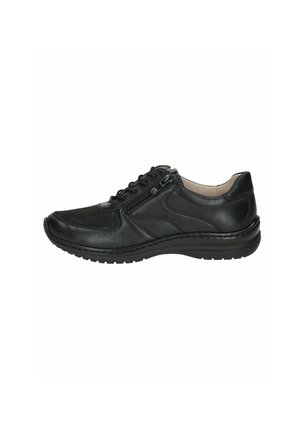 Black leather shoe with textured upper, lace and zip closure, padded collar, and durable rubber sole for comfort and support.