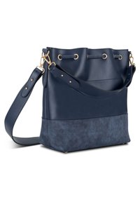 Tengerészkék bőr vödrös táska velúr alappal. Aranyszínű fémrészekkel, zsinórzárással és állítható vállpánttal rendelkezik.