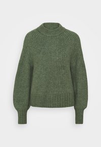 Maglione verde a maglia con collo alto, spalle cadute e polsini e orlo a coste. Motivo testurizzato con una sensazione morbida e accogliente.