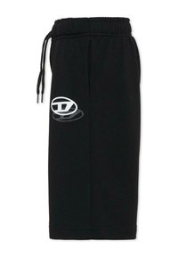 Shorts de jogging noirs en tissu doux, avec une taille élastique munie de cordons ajustables et un logo blanc imprimé sur le côté.