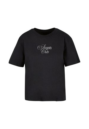 Juodas medvilnės marškinėliai trumpomis rankovėmis, apvaliu kaklu ir balta "Angels Club" logotipu, su laisvu siluetu ir lygiu paviršiumi.