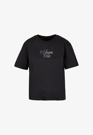 T-shirt nera in cotone con maniche corte, colletto rotondo e logo "Angels Club" in bianco, caratterizzata da una vestibilità morbida e una texture liscia.