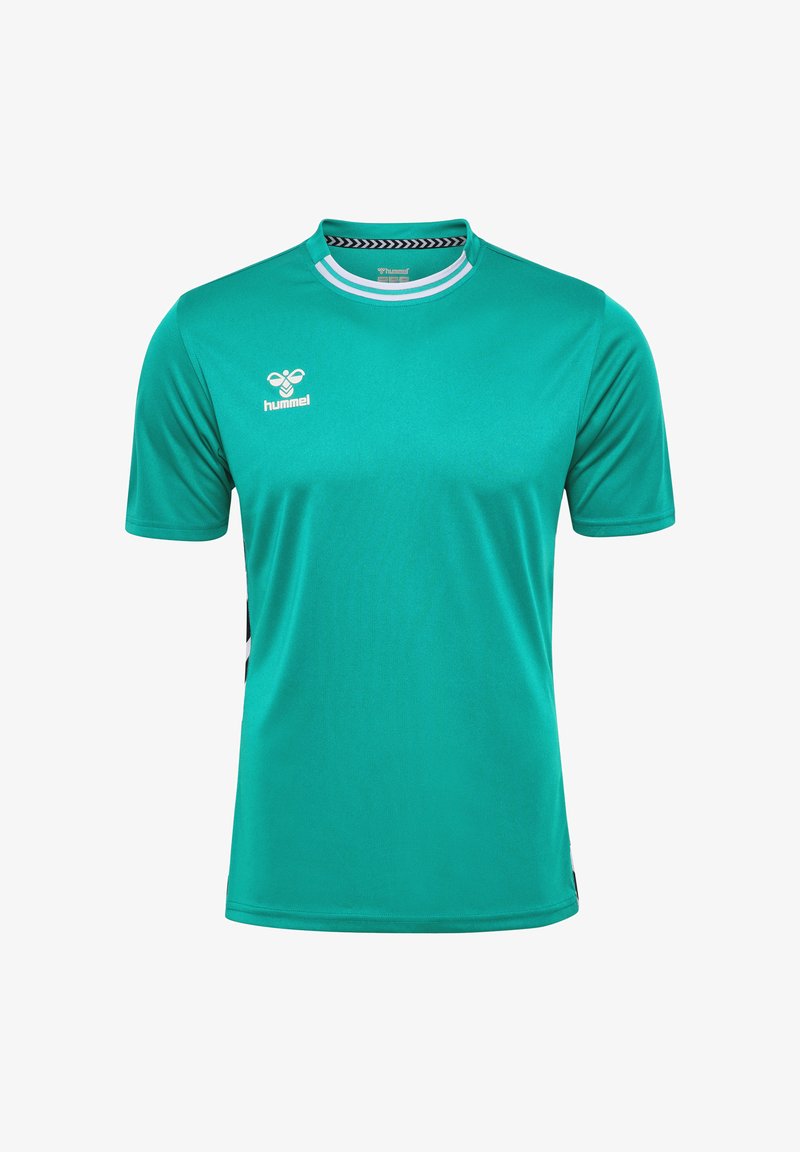 Türkises Sportshirt aus glattem Material. Verfügt über einen runden Kragen mit einem Schwarz-Weiß-Akzent und dem Hummel-Logo auf der Brust.