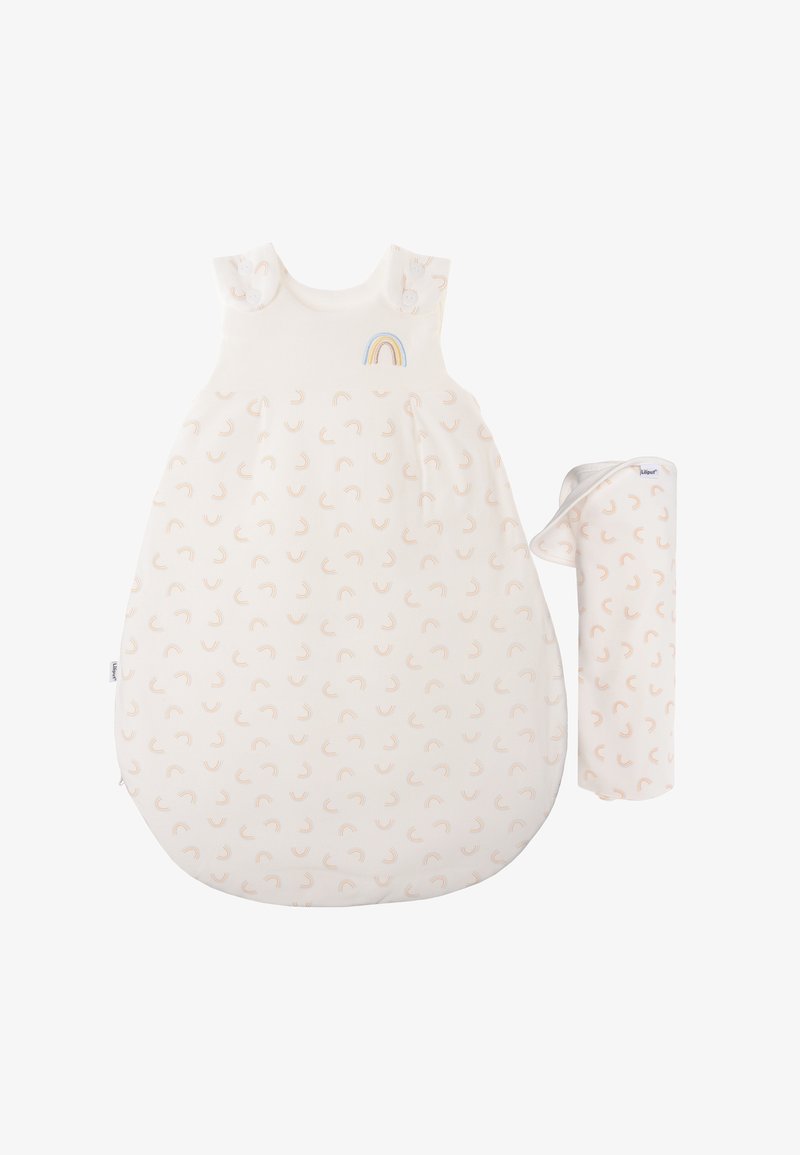 Baumwoll-Schlafsack und passender Kissenbezug, cremig weiß mit erhabenem pastellfarbenem Regenbogenmuster, abgerundete Form, Knopfakzente an den Schultern.