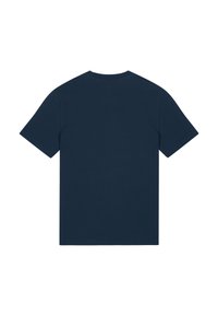 Marineblauwe T-shirt met korte mouwen, een ronde hals en een zachte textuur, met een eenvoudig, effen ontwerp zonder zichtbare patronen.
