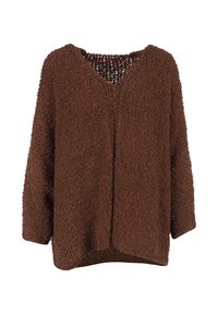 Cardigan en tricot texturé brun avec des manches longues et un col en V, doté d'un design à ouverture libre et d'un ourlet légèrement incurvé.