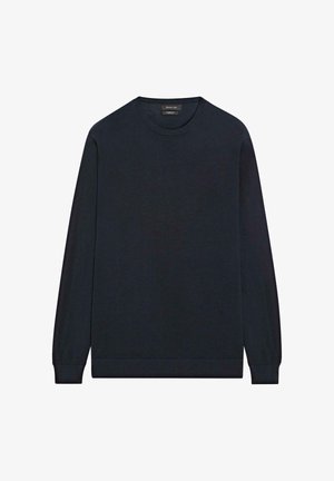 Langärmeliger, marineblauer Pullover aus weichem Stoff, mit Rundhalsausschnitt sowie gerippten Bündchen und Saum für eine körpernahe Passform.