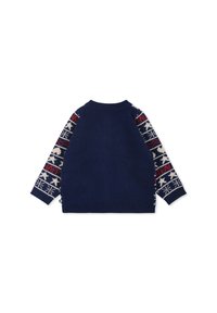 Pull marin à manches longues avec un tricot à motifs en rouge, crème et bleu sur les manches. Col et ourlet côtelés.