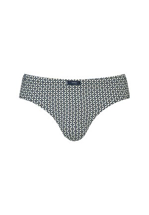 Sous-vêtement masculin de type slip avec un motif géométrique bleu marine et blanc, et une petite étiquette de marque noire au centre de la ceinture avant.