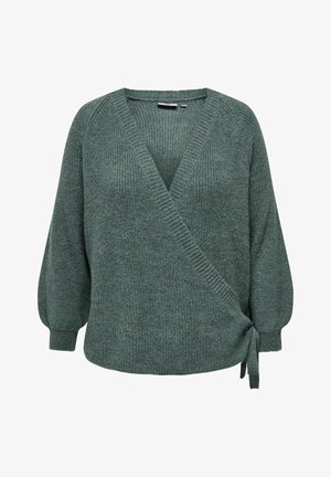 Pulover iz teksturiranega zelenega pletenega materiala, z globokim V-izrezom, dolgimi balonastimi rokavi in detajlom s trakovi na pasu.