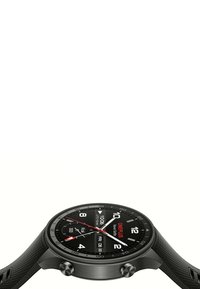 Schwarze Smartwatch mit rundem Ziffernblatt, roten und weißen Stundenmarkierungen, strukturiertem Gummiband und einem eleganten Metallgehäuse mit seitlichen Tasten.