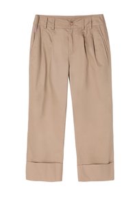 Beige katoenen broeken met een ontspannen pasvorm, voorzien van plooien, een knoopsluiting en opgerolde manchetten. Subtiel hartlogo detail op de linker zak.