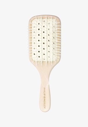Rechthoekige houten haarborstel met witte haren en ventilatiegaten, handvat gegraveerd met "Philip Kingsley" logo.