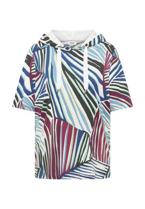 Haut à manches courtes avec capuche, rayures géométriques abstraites multicolores en bleu, vert, bordeaux, blanc et noir, avec cordons blancs.