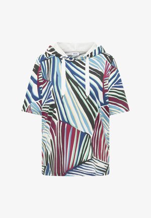 Haut à manches courtes avec capuche, rayures géométriques abstraites multicolores en bleu, vert, bordeaux, blanc et noir, avec cordons blancs.
