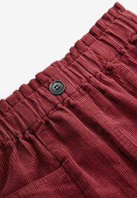 Gros plan sur la taille de pantalons en velours côtelé bordeaux froncés avec un bouton noir et un détail de poche sur fond blanc.