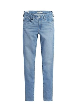 Lyseblå skinny jeans med frontknap og lynlås, bæltestropper samt for- og baglommer, vist fladt på en hvid baggrund.