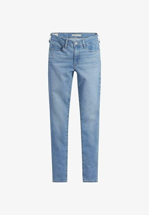 Vaqueros pitillo azul claro con botón y cremallera delanteros, trabillas para cinturón, y bolsillos delanteros y traseros, mostrados extendidos sobre un fondo blanco.