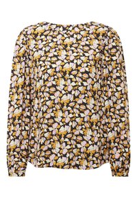 Blusa a maniche lunghe in tessuto scuro con motivo floreale giallo, lavanda e bianco. Collo rotondo con dettagli arricciati sulle spalle.