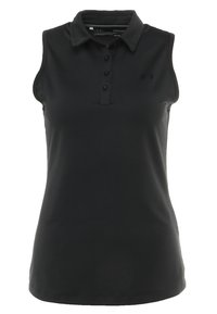 Černé bezrukávové polo tričko s límečkem a hladkou texturou, s knoflíkovou légou a decentním logem na hrudi.