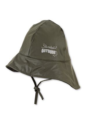 Dark green waterproof outdoor hat with wide brim, chin strap, and "Sterntaler OUTDOOR" logo on front.