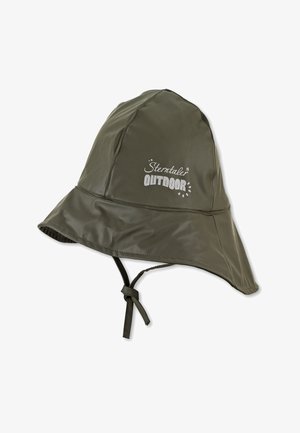 Dark green waterproof outdoor hat with wide brim, chin strap, and "Sterntaler OUTDOOR" logo on front.