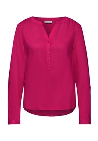Fuchsia long-sleeve blouse with a V-neck, button placket, and subtle pleats at the shoulders. Smooth texture, rounded hem, and relaxed fit.