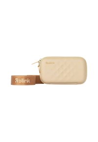 Pochette rectangulaire beige avec fermeture éclair et devant texturé, attachée à une sangle marron avec le logo "Rollink".
