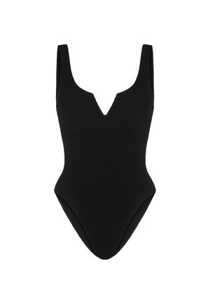Black ribbed one-piece swimsuit with a deep V-neck, wide straps, and high-cut legs, featuring a smooth texture and seamless design.