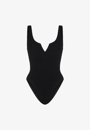 Black ribbed one-piece swimsuit with a deep V-neck, wide straps, and high-cut legs, featuring a smooth texture and seamless design.
