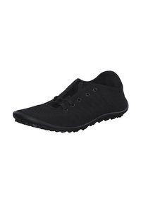 Black athletic shoe with a textured mesh upper, rounded toe, and rubber sole. Features lace closure and eyelets for ventilation.