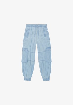 Pantalons cargo légers, bleu clair, avec taille élastique, poignets élastiques et plusieurs poches latérales. Fabriqués en tissu doux et texturé. Design décontracté.