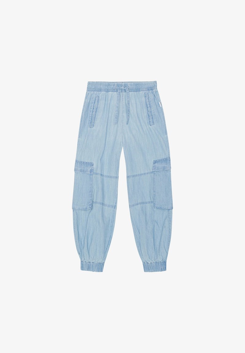 Pantalons cargo légers, bleu clair, avec taille élastique, poignets élastiques et plusieurs poches latérales. Fabriqués en tissu doux et texturé. Design décontracté.