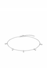 Tobillo de cadena de plata con cinco pequeños encantos de piedra preciosa transparente espaciados uniformemente y un cierre de langosta con una cadena de extensión ajustable.