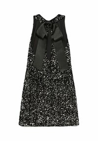 Juodas be rankovių suknelė, padengta pailgais blizgučiais, su satino juostele nugaroje. Lygus audinys ir A formos siluetas.