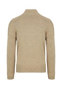 Beige gebreide trui met een hoge kraag, textuurstof en een subtiel gespikkeld patroon, voorzien van ribbelmanchetten en een aansluitende tailleband.