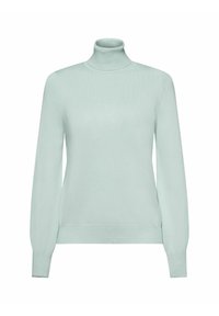 Pull col roulé bleu clair à manches longues avec poignets et ourlet côtelés, présenté sur un fond blanc.
