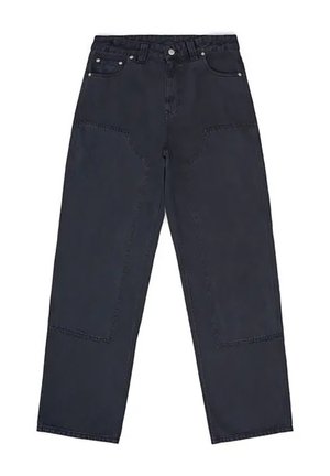 Dunkelblaue gerade geschnittene Jeans mit hoher Taille, großen Fronttaschen und sichtbaren Steppnähten. Keine Verzierungen oder Muster.